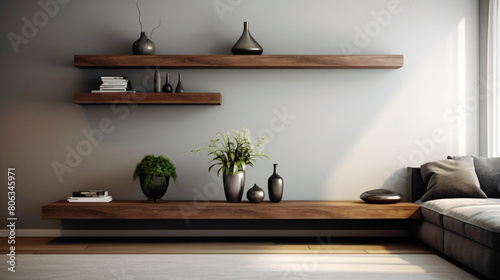 Experience the timeless allure of a living room featuring a wood floating shelf, where classic elegance meets modern convenience in a perfect balance of style