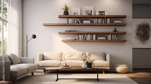 Experience the timeless allure of a living room featuring a wood floating shelf, where classic elegance meets modern convenience in a perfect balance of style