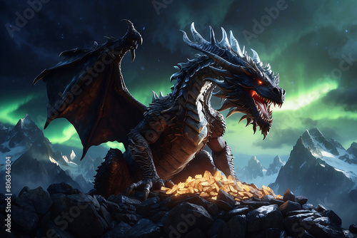Fantasy of a mighty dragon guarding a treasure at night during the aurora