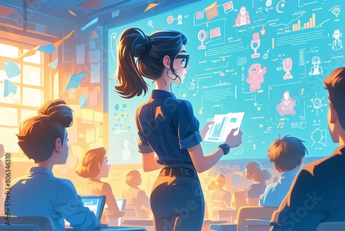 A cartoon illustration of an AI teacher presenting on the big screen in front, students sitting at desks listening and taking notes in a lightfilled classroom  photo