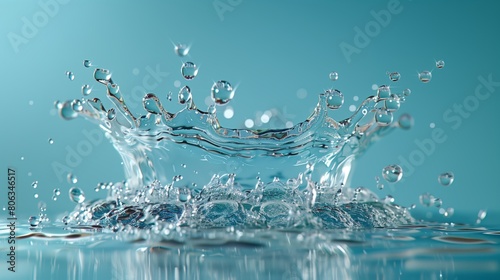 One water splash on blue background. Water bubble, water surface, water material. Image of health and medical care, environment and lifestyle, and beverages.