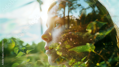 Multiple exposure, girl against the background of renewable energy sources.