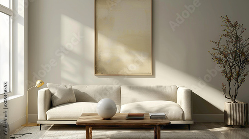 Immerse yourself in the chic ambiance of a contemporary living room A large mock-up poster hangs above a sleek sofa, while a wooden coffee table showcases a fashionable ball lamp, creating a  photo