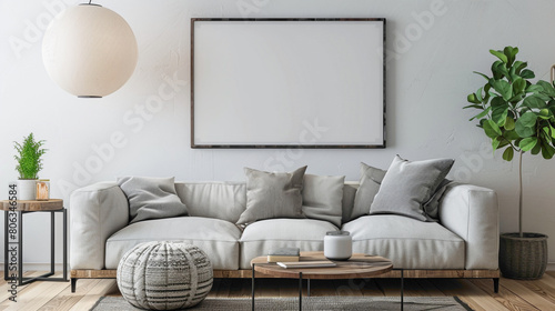 Immerse yourself in the chic ambiance of a contemporary living room A large mock-up poster hangs above a sleek sofa, while a wooden coffee table showcases a fashionable ball lamp, creating a 