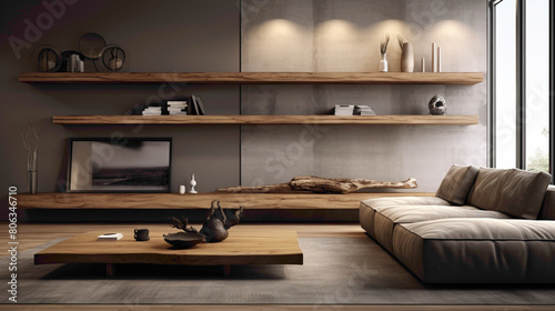 Immerse yourself in the contemporary charm of a living room featuring a wood floating shelf, adding a touch of warmth and character to the sleek interior design