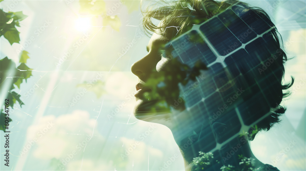 Multiple exposure, woman against the background of renewable energy sources.