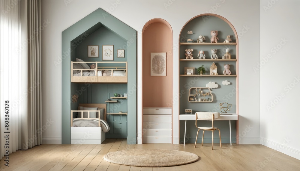 Cozy and Modern Children's Bedroom Nook with House-Shaped Bunk Beds Cozy and Modern Children's Bedroom Nook with House-Shaped Bunk Beds