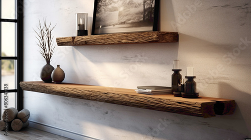 Step into a chic living space with a wood floating shelf as the centerpiece, exuding sophistication with its carefully curated display and soft ambient lighting