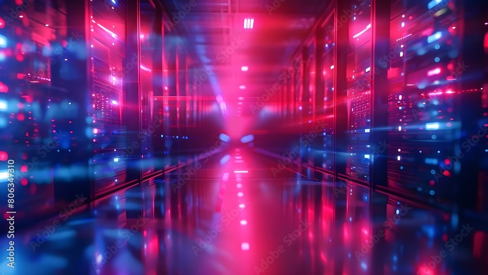 Indicating Active Processing Operations with Red and Blue Lights on Computer Servers. Concept Computer Servers, Processing Operations, Red Lights, Blue Lights, Active Indicators