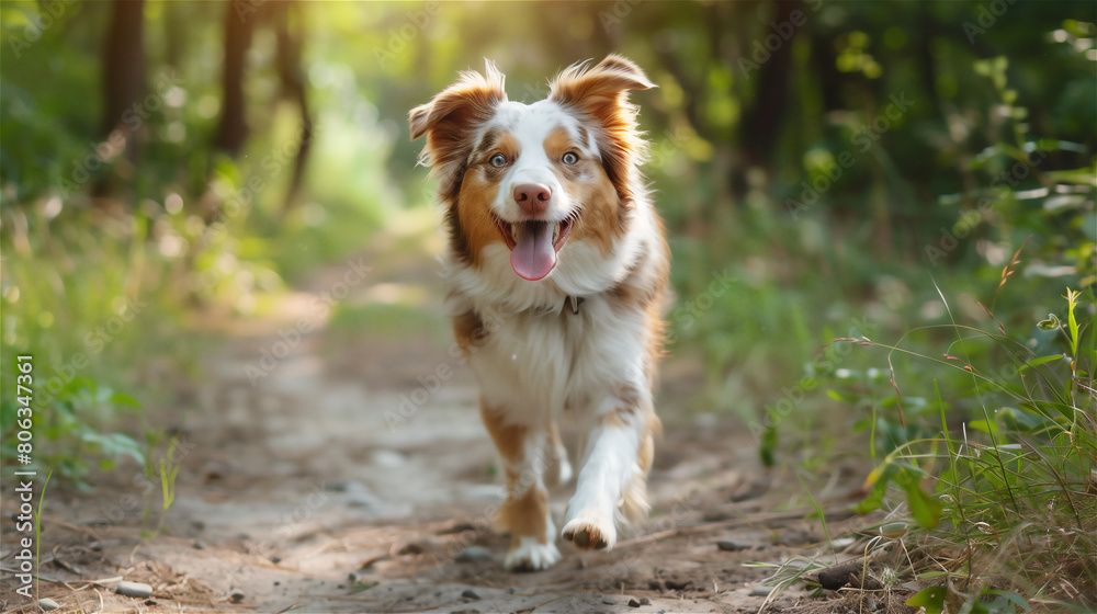 A joyful dog runs along a forest path.