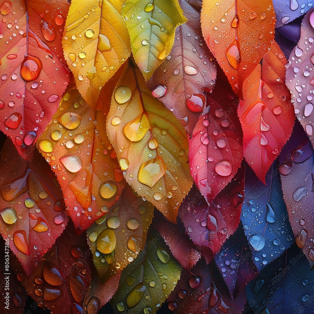 Vibrant foliage in a spectrum of colors, with each leaf tipped with glistening, crystallike water droplets