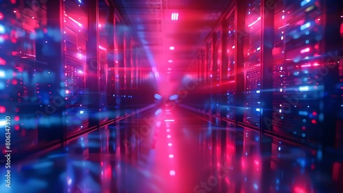 Indicating Active Processing Operations with Red and Blue Lights on Computer Servers. Concept Computer Servers, Processing Operations, Red Lights, Blue Lights, Active Indicators