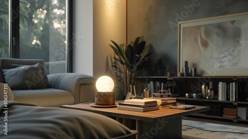 Step into a stylish living room where elegance meets comfort A large mock-up poster serves as a focal point, while a wooden coffee table hosts a fashionable ball lamp, illuminating photo