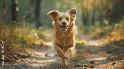 A joyful dog runs along a forest path.