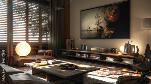 Step into a stylish living room where elegance meets comfort A large mock-up poster serves as a focal point, while a wooden coffee table hosts a fashionable ball lamp, illuminating the 