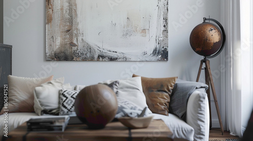 Step into a tastefully decorated living room boasting contemporary charm A large mock-up poster adds visual interest, while a wooden coffee table with a fashionable ball lamp lends 