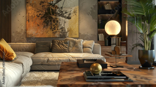 Step into a tastefully decorated living room boasting contemporary charm A large mock-up poster adds visual interest, while a wooden coffee table with a fashionable ball lamp lends 