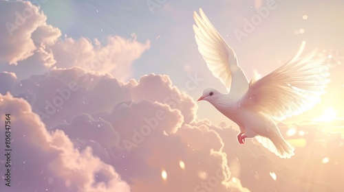 White dove flying among sky wallpaper background © Irina