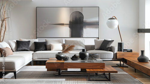 Step into a tastefully decorated living room boasting contemporary charm A large mock-up poster adds visual interest, while a wooden coffee table with a fashionable ball lamp lends  photo