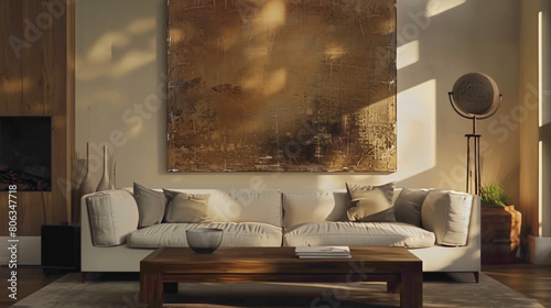 Step into a tastefully decorated living room boasting contemporary charm A large mock-up poster adds visual interest, while a wooden coffee table with a fashionable ball lamp lends of sophistication 