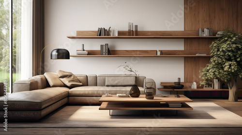 Step into a world of contemporary sophistication, where a wood floating shelf seamlessly integrates into the design of a chic living room, elevating the ambiance with its refined presence