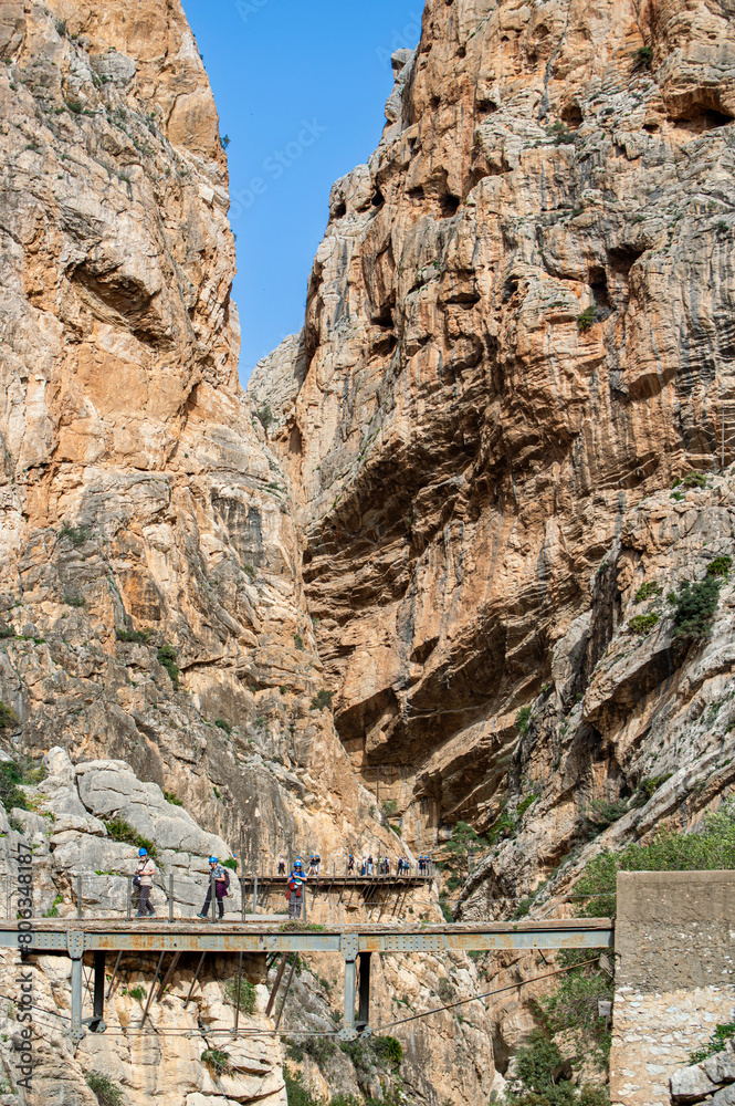Caminito del Ray, The King's Path. Walkway pinned along the steep walls of a narrow gorge in El Chorro, Malaga, Spain