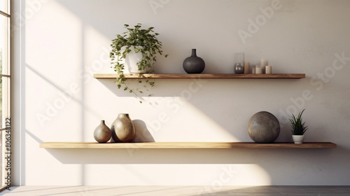 Transport yourself to a tranquil oasis of contemporary design, complete with a wood floating shelf showcasing artful arrangements agnst a backdrop of soothing hues