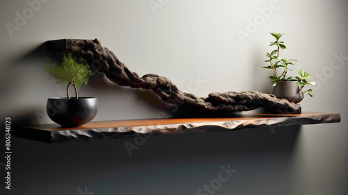 Transport yourself to a realm of modern elegance, where a wood floating shelf serves as a stylish yet functional centerpiece in a meticulously designed living room