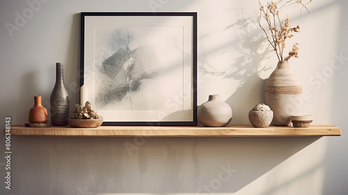Transport yourself to a tranquil oasis of contemporary design, complete with a wood floating shelf showcasing artful arrangements agnst a backdrop of soothing hues