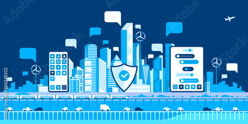 Urban landscape with infographic elements. Smart city. Modern city. City life. Capital downtown. Electric train. Transportation. Vector illustration. 