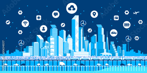 Urban landscape with infographic elements. Smart city. Modern city. City life. Capital downtown. Electric train. Transportation. Vector illustration. 