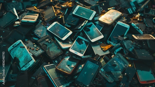 A landfill of discarded phones made with Ai generative technology photo