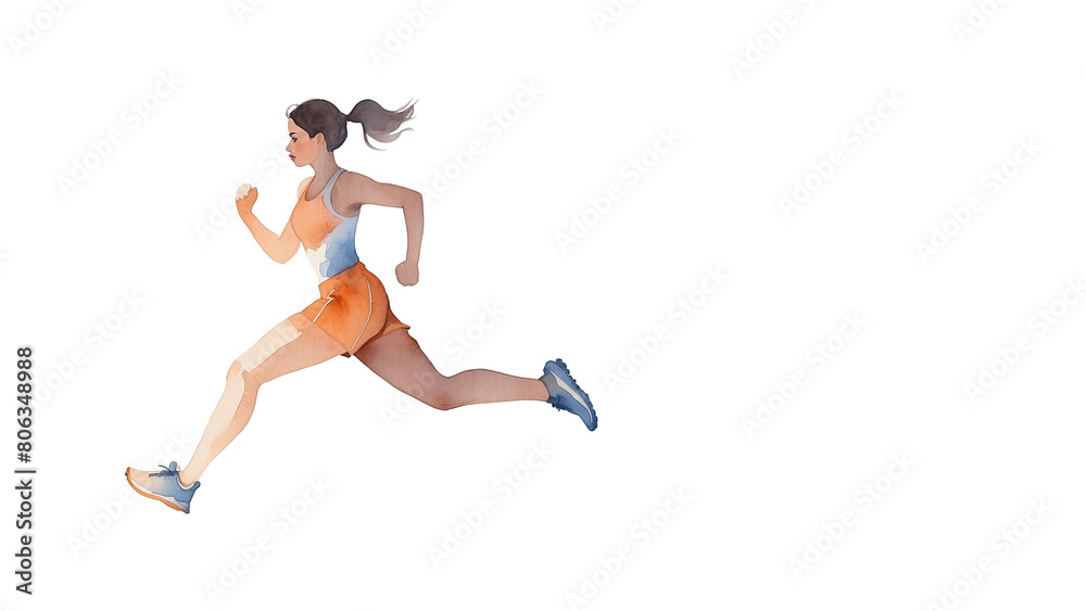 Sporty young woman running in a race. concept of Watercolour ,running, runners, sprinting, athletic, exercise, athlete