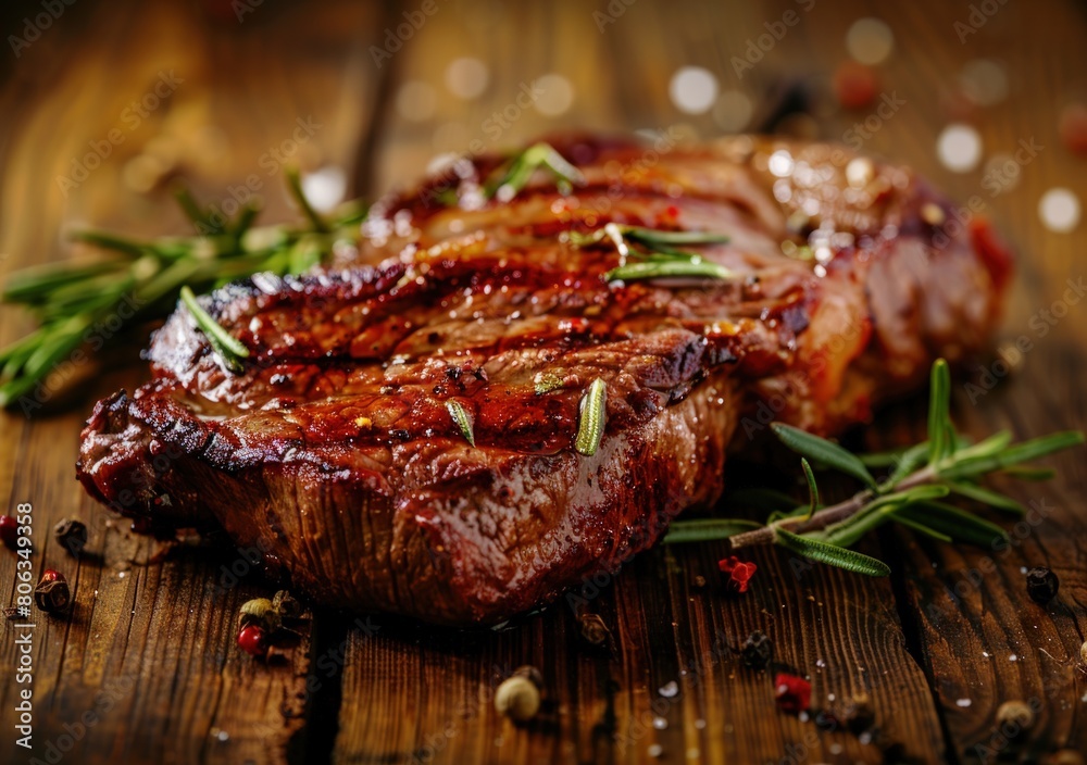 Sliced juicy steak with rosemary and spices on wooden. Generate AI image Sliced juicy steak with rosemary and spices on wooden. Generate AI image