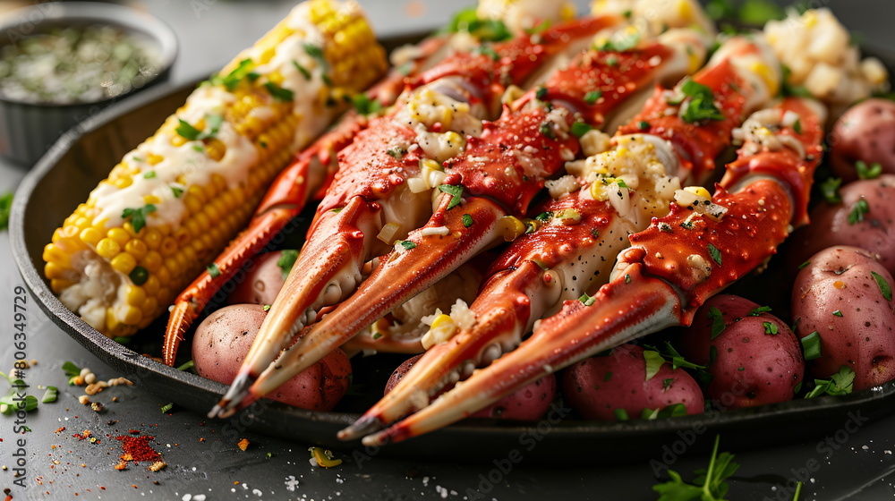Crab legs with garlic butter, corn on the cob, and red potatoes on a platter.