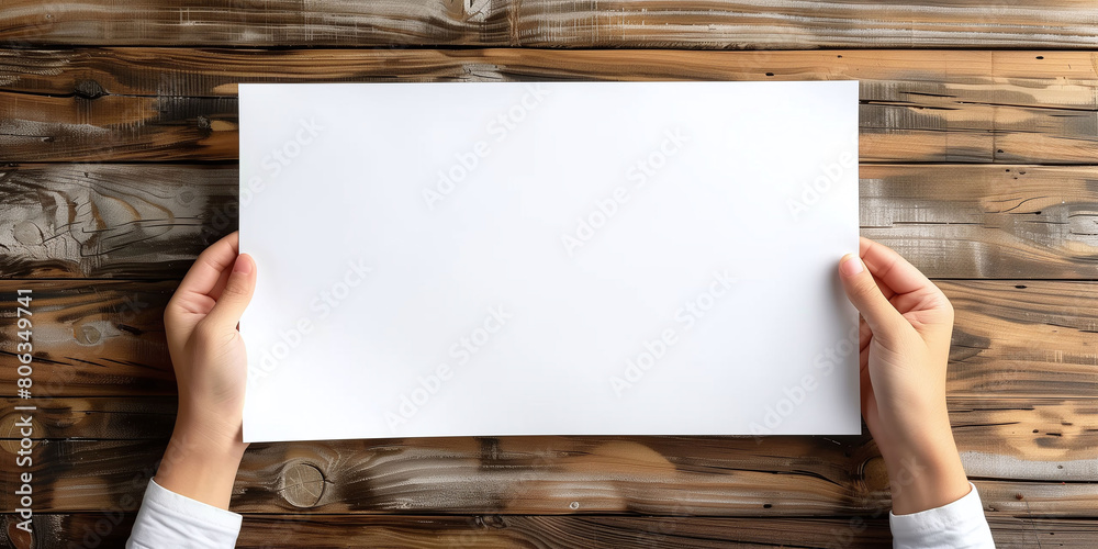 Hands Presenting Blank White Paper on Rustic Wooden Surface Hands Presenting Blank White Paper on Rustic Wooden Surface