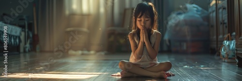 Young asian girl sitting on floor at home, kid begging and praying with hands together photo