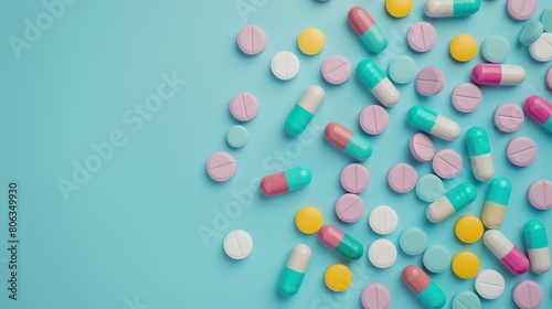 Top down view of pharmaceutical pills. Taking tablets, vitamins, painkillers, medications and dietary supplements. Top view of spoon with various pills and tablets. Banner Copy space for text. 