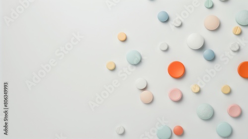 Top down view of pharmaceutical pills. Taking tablets  vitamins  painkillers  medications and dietary supplements. Top view of spoon with various pills and tablets. Banner Copy space for text. 