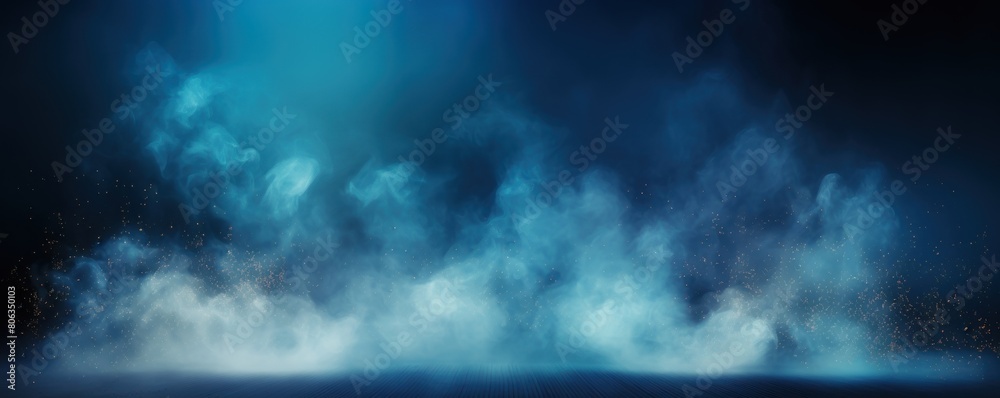 Blue smoke empty scene background with spotlights mist fog with gold glitter sparkle stage studio interior texture for display products blank copyspace