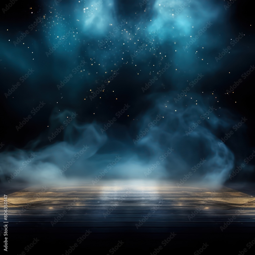 Blue smoke empty scene background with spotlights mist fog with gold glitter sparkle stage studio interior texture for display products blank copyspace