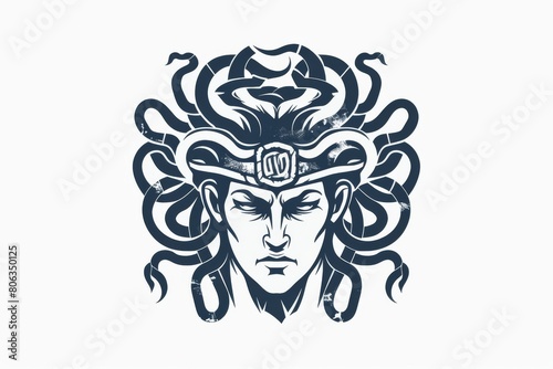 Ancient greek Gorgon Medusa, snake hair woman head logo symbol isolated on white background