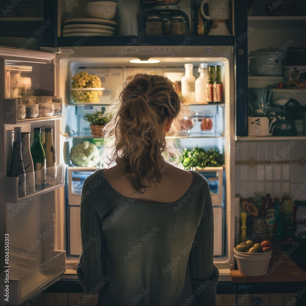 Young woman near open refrigerator in kitchen, diet, increased appetite, weight loss difficulties Young woman near open refrigerator in kitchen, diet, increased appetite, weight loss difficulties