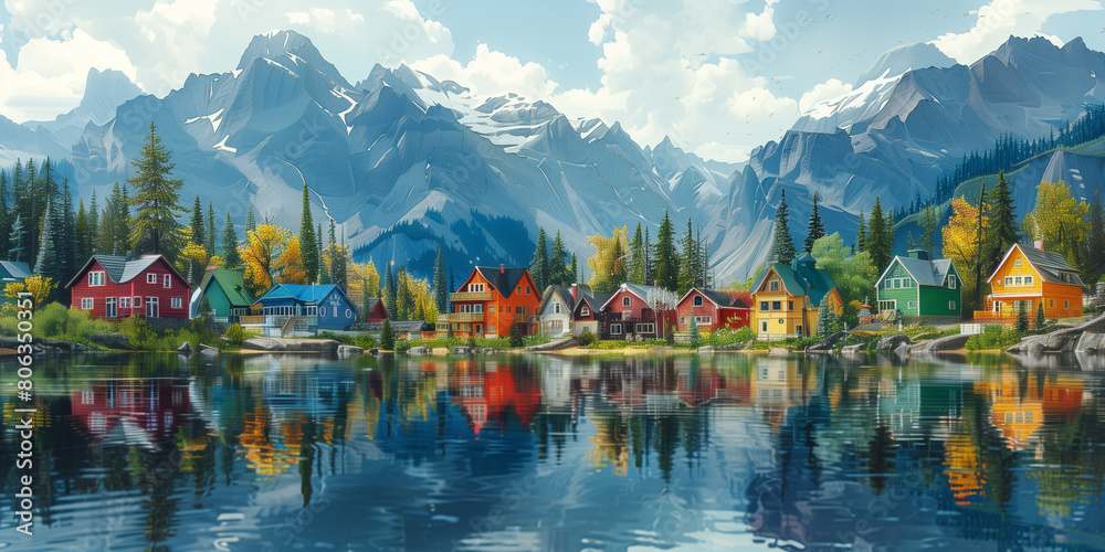Fototapeta premium A painting featuring a lake with a mountain range in the background Canada Day