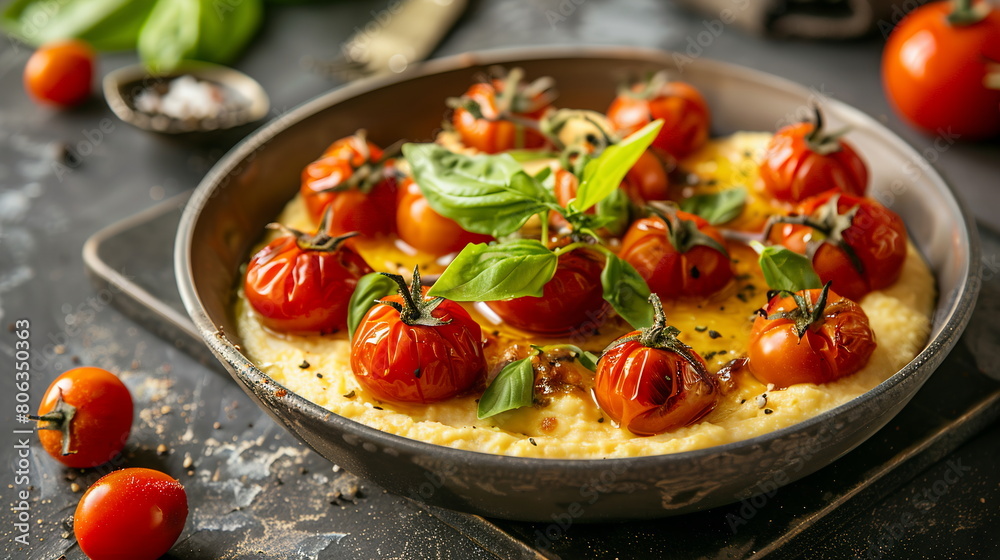Creamy polenta topped with roasted cherry tomatoes and fresh basil leaves.