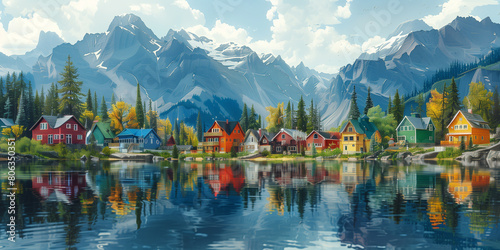 A painting featuring a lake with a mountain range in the background Canada Day photo