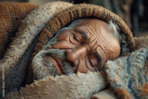 Old homeless man sleeping on cardboard, seeking help, food beggar on cold street, poor man