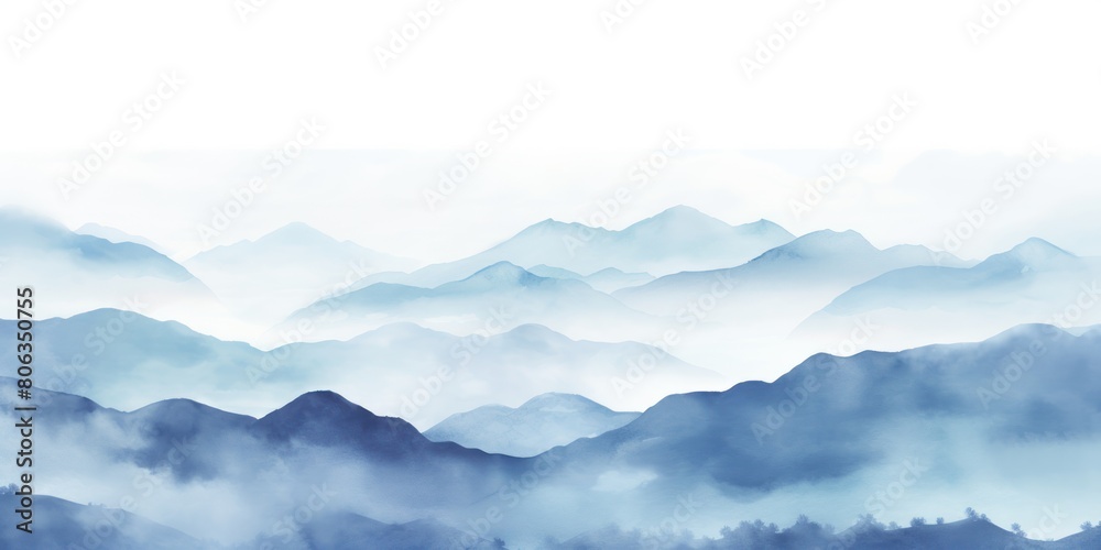 Blue tones watercolor mountain range on white background with copy space display products blank copyspace for design text photo website web banner 