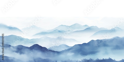 Blue tones watercolor mountain range on white background with copy space display products blank copyspace for design text photo website web banner 