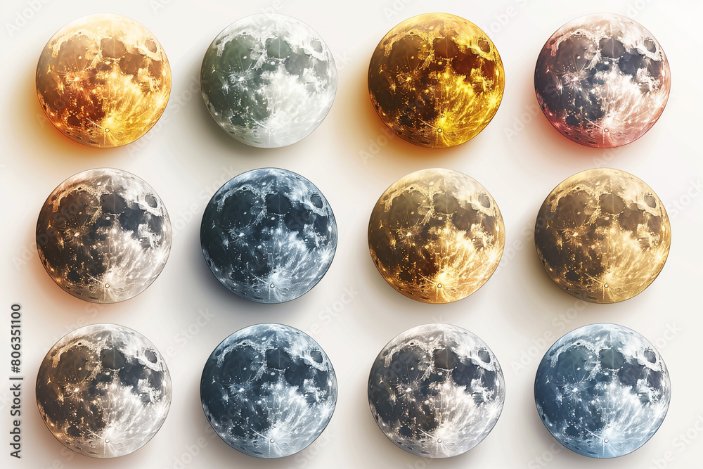 Collection of nine moon-shaped magnets displayed on a white surface Collection of nine moon-shaped magnets displayed on a white surface
